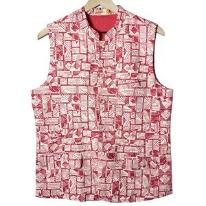 Fabindia Abstract Print Cotton Waistcoat Nehru Button Up Vest Salmon Pink Cream